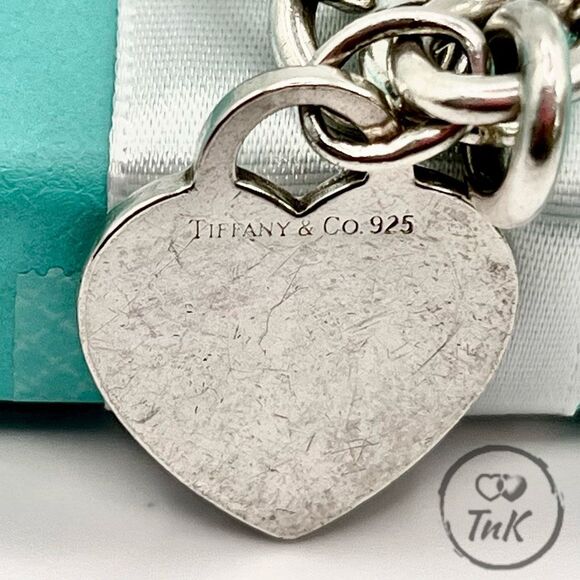 Tiffany & Co. Blank Heart Tag Charm Bracelet 8" Sterling Silver Round Link - Picture 6 of 14